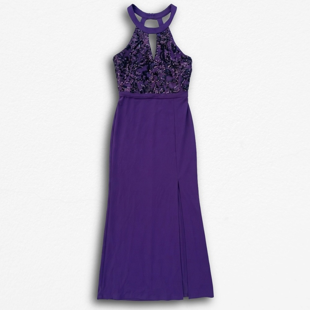 Morgan & Co Womens Purple Sequin Halter Neck Formal Gown Prom Dress Size 8